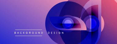 Soyut geometrik şekiller örtüşüyor, canlı mor ve mavi renkler yaratıyor. Metin arka plan tasarımı okur. Modern, dinamik görsel kompozisyon.