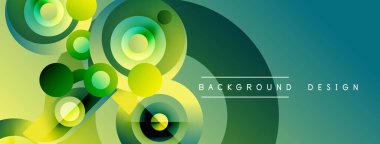 Soyut daireler, canlı renklerin karışımı. Yeşil, sarı, deniz mavisi dinamik görsel efekt yaratır. Arka planlar için modern tasarım ögesi.