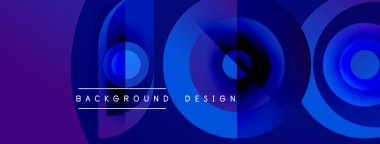 Soyut çemberler dinamik gradyan arkaplan oluşturur. Mavi, mor renkler dizaynın baskın renkleri, metin mevcut. Modern, canlı görsel.