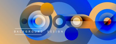 Soyut daireler örtüşüyor, parlak mavi, turuncu renkler yaratıyor. Modern tasarım elementleri dinamik bileşimi, pürüzsüz eğimleri önerir.