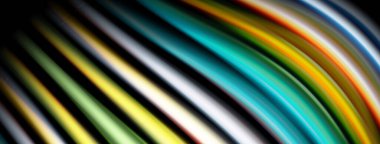 Soyut renkli çizgiler eğrisi, dinamik görsel efekt yaratır. Parlak renkler karanlığa karışır. Modern tasarım ögesi.