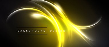 Parlak sarı soyut çizgiler koyu arkaplanda dönüyor. Tasarım düz kıvrımlar, parlayan etki, modern estetik.