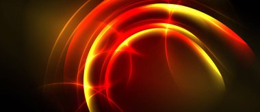 Soyut tasarım canlı kırmızı, altın kıvrımlar içerir. Dinamik enerji merkezi noktadan yayılarak dramatik görsel etki yaratır..