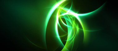 Abstract green energy swirls, luminous lines create dynamic flow. Dark background emphasizes bright curves, vibrant visual impact.