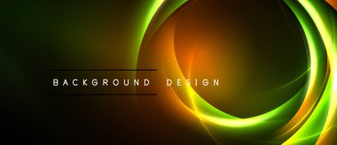Soyut neon çizgileri dairesel şekiller yaratır. Siyah arkaplan üzerinde canlı eğimler yeşilden turuncuya dönüşüyor. Modern tasarım ögesi.