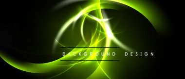 Parlak yeşil enerji akar, kıvrımlar, karanlık arka planda girdaplar. Metin arka plan tasarımı okur. Modern soyut görsel.