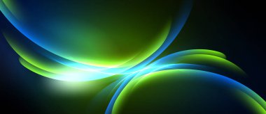 Abstract flowing shapes, vibrant blues, greens, bright light. Dynamic composition creates energy, modern aesthetic. Smooth gradients, elegant design.
