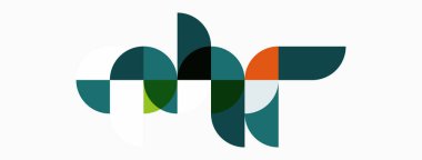 Soyut geometrik şekiller örtüşür, dinamik bileşim yaratır. Teal, turuncu ve yeşil renkler tarafsız arkaplanda baskın. Modern tasarım.