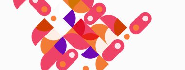 Soyut geometrik şekiller örtüşür ve canlı bir bileşim yaratır. Pembe, turuncu, mor renkler nötr arka plana hakim. Modern tasarım.