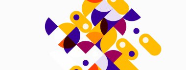 Soyut geometrik şekiller örtüşür ve canlı bir bileşim yaratır. Sarılar ve morlar tarafsız bir arkaplanda baskın gelir. Modern tasarım elemanları.