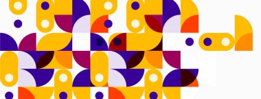 Soyut geometrik desen. Turuncu, mor, beyaz daireler, şekiller modern tasarım yaratır. Minimalist estetik, canlı renkler.