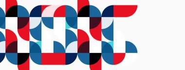 Soyut geometrik desen. Çemberler, yarım daireler dinamik bileşim oluşturur. Kırmızı, mavi, pembe renkler tasarımda baskın. Modern estetik.