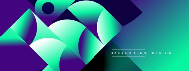 Soyut geometrik şekiller canlı turkuazları, mor renkleri harmanlarlar. Modern tasarım dinamik görsel deneyim yaratır. Gradyan renkler kompozisyona hakim.
