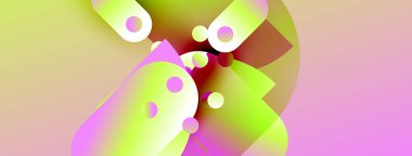 Soyut şekiller, canlı renklerin karışımı. Pembe, sarı, yeşil dinamik bileşim yaratır. Yumuşak eğimler hareketi, derinliği gösterir. Modern tasarım.