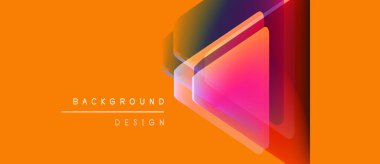 Soyut geometrik şekiller örtüşüyor, canlı renk eğimleri yaratıyor. Turuncu arka plan güçlü bir karşıtlık sağlar. Modern tasarım ögesi.