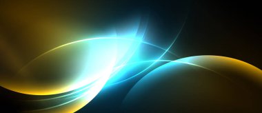 Abstract flowing lines, vibrant colors, dynamic composition. Bright light contrasts dark background, creating energy.