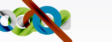 Soyut tasarım özellikleri üst üste binen daireler, canlı renkler, çapraz çizgiler. Modern, temiz estetik. Basit kompozisyon, dinamik şekiller.