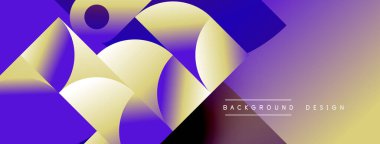 Soyut geometrik şekiller canlı mor, altın rengi harmanlarlar. Gradyan arka plan dinamik görsel efekt yaratır. Modern tasarım ögesi.