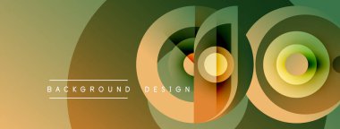 Soyut geometrik şekiller örtüşüyor, katmanlı renk eğimleri yaratıyor. Tasarım, sıcak toprak tonları, zeytin, altın renkleri içerir. Minimalist stil.