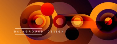 Soyut daireler örtüşüyor, dinamik turuncu ve mor renkler yaratıyor. Modern tasarım elementleri enerji, hareket, görsel ilgi.