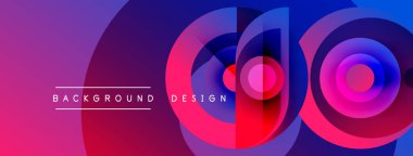 Soyut, canlı arkaplan özellikleri üst üste binen daireler, gradyanlar. Pembe, mor, mavi renkler dinamik görsel efekt yaratır. Metin etiketleri tasarım ögeleri.