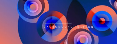 Soyut geometrik şekiller, canlı renkler, üst üste binen daireler dinamik arkaplan tasarımı yaratır. Modern estetik, gradyanlar.