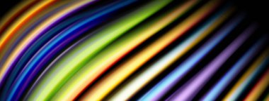 Soyut renkli çizgiler eğrisi, dinamik görsel efekt yaratır. Parlak renkler, koyu arkaplanla tezat oluşturuyor. Modern tasarım ögesi.