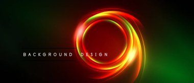 Parlak neon daireler enerji yayar. Kırmızı, turuncu, sarı renkler koyu yeşil, siyah arkaplan ile harmanlanır. Modern tasarım ögesi.