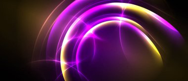 Soyut parlak kıvrımlar, canlı mor, altın rengi. Dinamik enerji merkezi noktadan yayılır, karanlık arkaplan aydınlığı artırır.