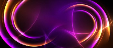Soyut tasarım canlı mor, turuncu ışık eğrileri içerir. Dinamik enerji merkezi noktadan yayılarak modern estetik yaratıyor..