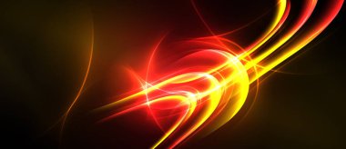 Soyut enerji akışları, canlı kırmızılar, sarılar koyu arkaplana hakim. Dinamik eğriler hız, güç, aydınlatma.