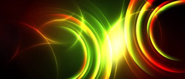 Parlak soyut çizgiler, eğriler dinamik enerji yaratır. Canlı renkler karışıyor, parlayan desenler oluşturuyor. Koyu arkaplan aydınlığı vurgular.