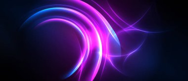 Soyut neon ışıklar girdap enerjisi yaratır. Canlı mor, mavi renkler koyu arkaplana hakim. Dinamik eğriler hareket, derinlik.