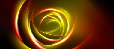 Soyut girdaplar, canlı renkler, altın parıltı. Eşmerkezli daireler dinamik görsel efekt yaratır. Koyu arkaplan aydınlığı vurgular.