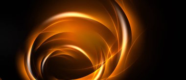 Soyut turuncu girdaplar, dinamik çizgiler parlayan girdap yaratır. Koyu arkaplan parlak enerjiyi, modern tasarım elementini vurgular.