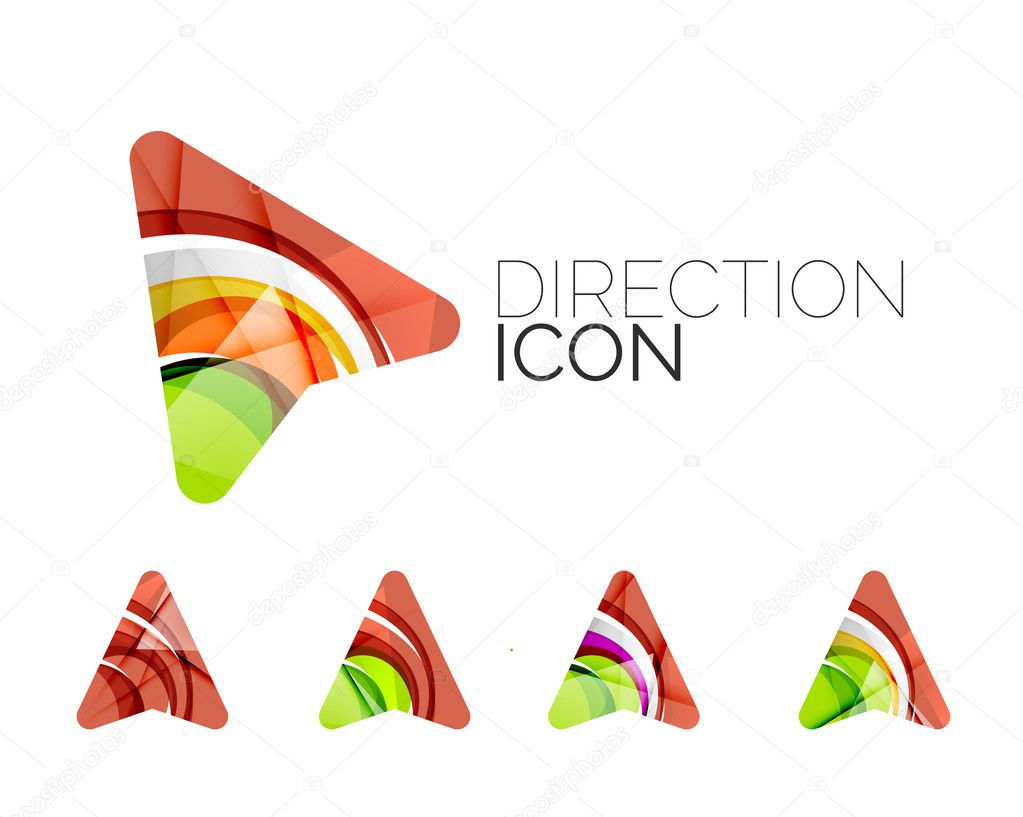 Set of abstract directional arrow icons, business logotype gps concepts, clean modern geometric design. Created with transparent abstract wave lines