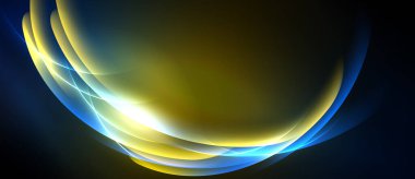 Abstract design features flowing curves, vibrant colors. Yellow, blue hues create dynamic visual effect. Smooth gradients, light play dominate composition.