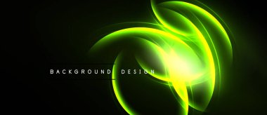 Karanlık arkaplan üzerinde soyut neon ışık şekilleri. Parlak enerji akışı dinamik görsel efekt yaratır. Modern tasarım ögesi.