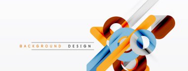 Soyut geometrik şekiller örtüşür, dinamik görsel efekt yaratır. Turuncu, mavi, kahverengi elementler beyaz zemin. Modern tasarım.