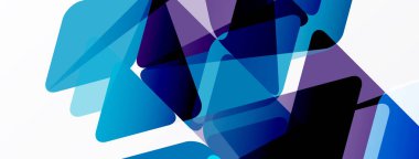 Soyut geometrik şekiller örtüşüyor, canlı mavi mor renkler yaratıyor. Minimalist tasarım teknoloji, yenilik, modern estetik öneriyor.