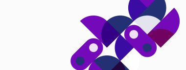 Soyut geometrik şekiller, mor renkler, üst üste binen daireler, modern tasarım. Minimalist kompozisyon, temiz çizgiler, canlı renkler.