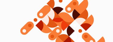 Soyut geometrik şekiller, turuncu renkler, minimalist tasarım. Kompozisyonda yuvarlak dikdörtgenler, daireler, yarı daireler var. Sıcak tonlar tarafsız arkaplana baskın gelir.