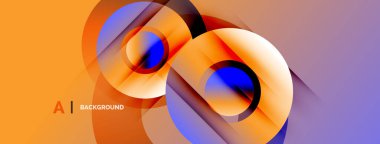 Soyut tasarım özellikleri katmanlı turuncu, mavi şekiller. Arkaplanda sarıdan mora geçiş var. Modern, dinamik kompozisyon.