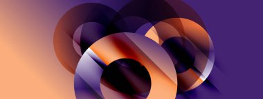 Üst üste binen daireler içeren soyut kompozisyon. Sıcak turuncu, serin mor renklere karışıyor. Modern tasarım, düzgün eğimler, dinamik şekiller.