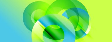 Soyut kompozisyon özellikleri üst üste binen yarı şeffaf daireler. Renkler maviden canlı yeşile karışıp dinamik görsel efekt yaratır. Düzen eğimleri tasarıma hakim..