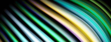 Soyut renkli çizgiler eğrisi, dinamik görsel efekt yaratır. Parlak renkler harmanlanarak pürüzsüz gradyanlar oluşturur. Siyah arkaplan canlı şekilleri vurgular.