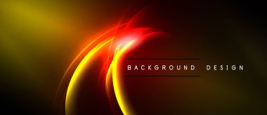 Soyut tasarım canlı sarı, kırmızı kıvrımlar içerir. Karanlık arka plan dramatik görsel efektler yaratır. Modern, şık bir sunum.