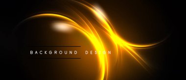 Parlak altın kıvrımlar koyu arkaplan boyunca akar. Soyut tasarım enerjiyi, hareketi, ışığı çağrıştırıyor. Metin arkaplan tasarımı okur.