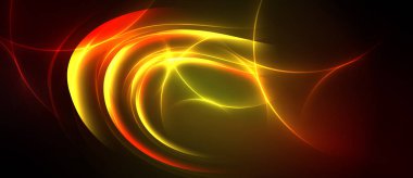 Parlak soyut girdaplar, canlı renkler harmanlanmış. Dinamik enerji parlayan kıvrımlardan yayılır, karanlık arkaplan aydınlığı artırır.