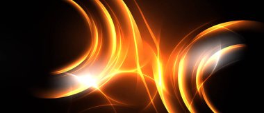 Soyut turuncu çizgiler, kıvrımlar, parlak ışık. Dinamik enerji karanlık arka plandan yayılır. Modern dijital resimleme.